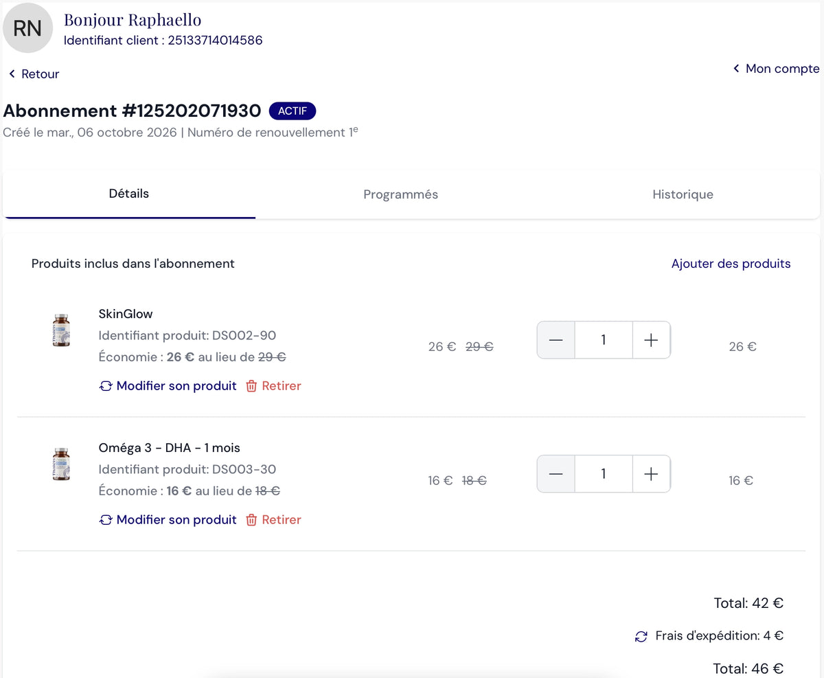 Espace client Thaléïs : récapitulatif d'un abonnement actif avec prochain renouvellement, produits inclus et boutons pour mettre en pause ou annuler l'abonnement.