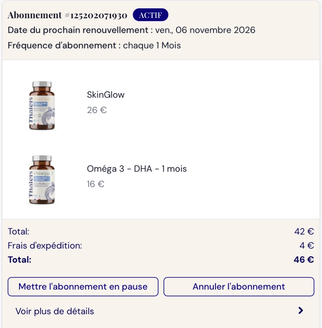 Espace client Thaléïs : détail d'un abonnement aux compléments, avec modification des quantités, changement ou retrait de produit et prix abonnement affichés.